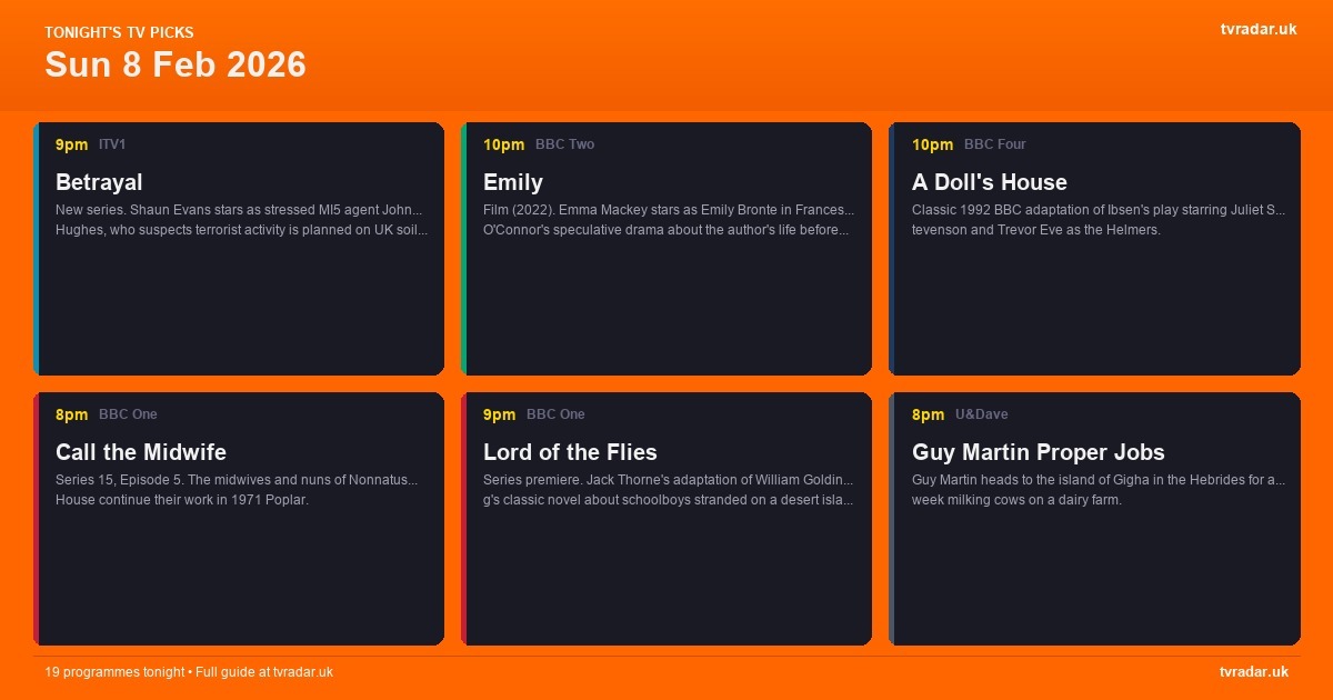 What’s On TV Tonight: Sun 8 Feb 2026 – Lord of the Flies, Liverpool v Man City & Betrayal