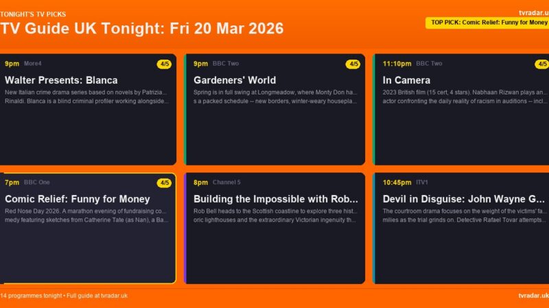 TV Guide UK Tonight: Fri 20 Mar 2026 – Comic Relief, Gardeners' World & Walter Presents: Blanca