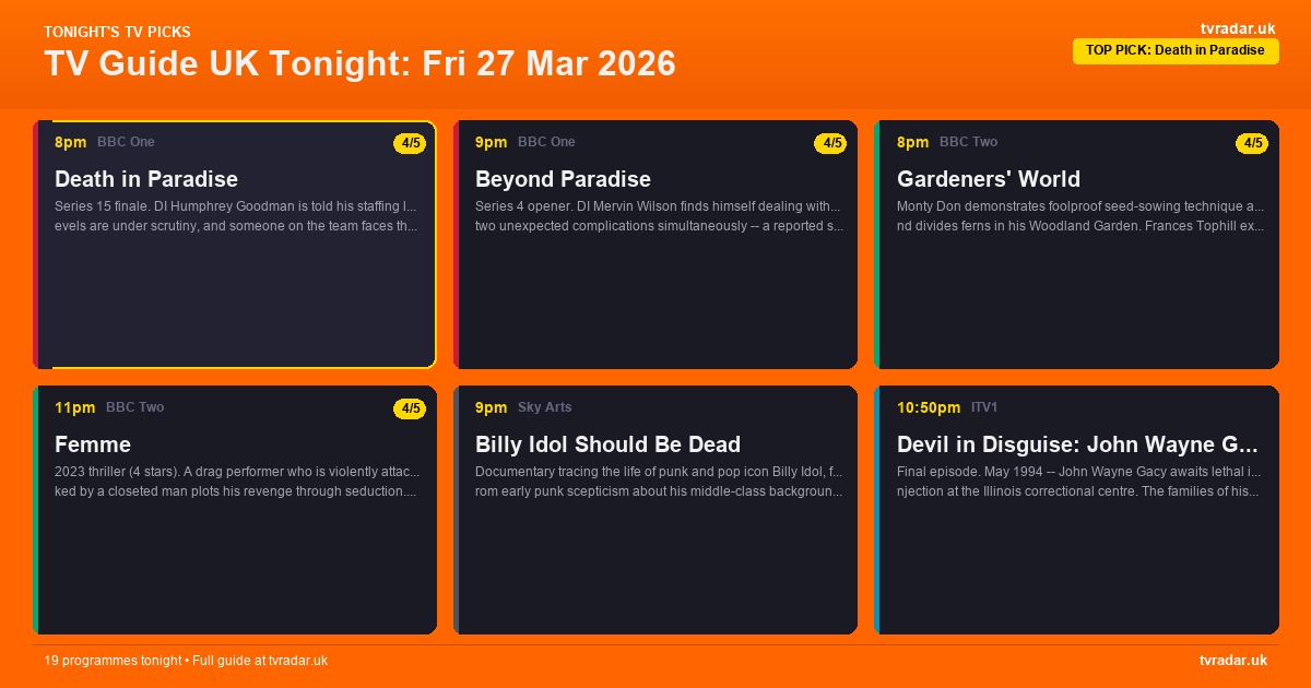 TV Guide UK Tonight: Fri 27 Mar 2026 – Death in Paradise, Beyond Paradise & Gardeners’ World