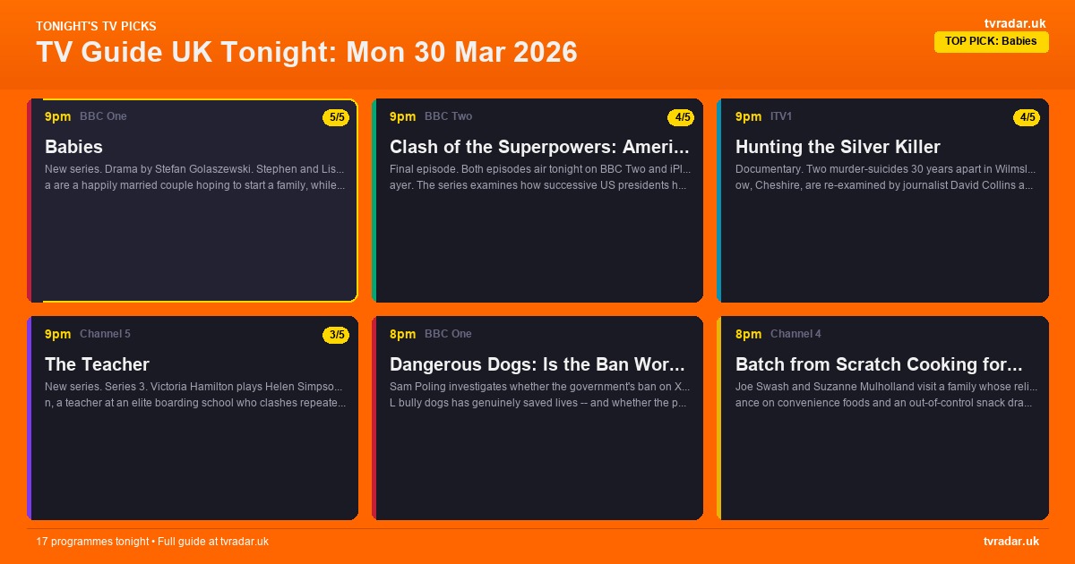 TV Guide UK Tonight: Mon 30 Mar 2026 – Babies, Hunting the Silver Killer & The Teacher