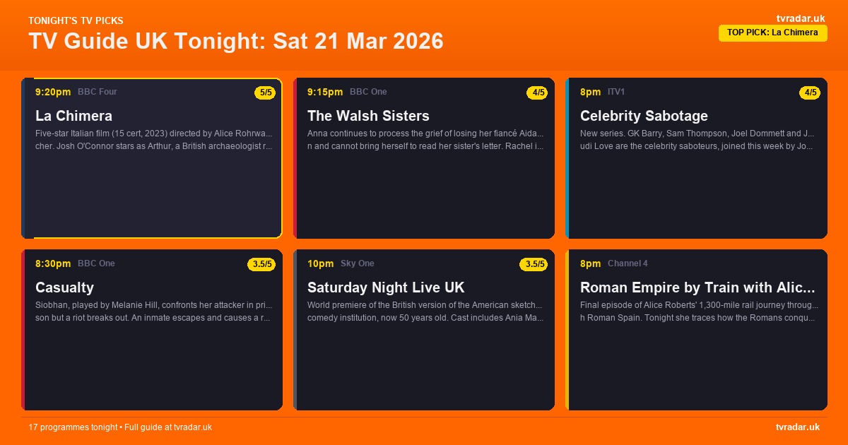 TV Guide UK Tonight: Sat 21 Mar 2026 – La Chimera, Celebrity Sabotage & Saturday Night Live UK