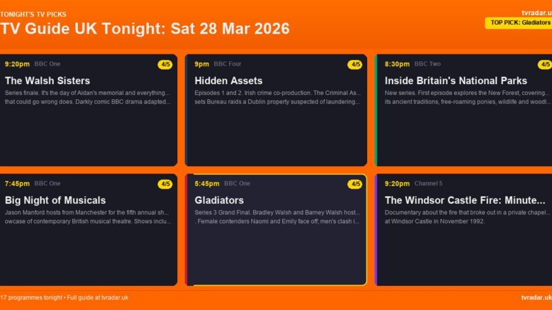 TV Guide UK Tonight: Sat 28 Mar 2026 – Gladiators Grand Final, The Walsh Sisters Finale & Big Night of Musicals