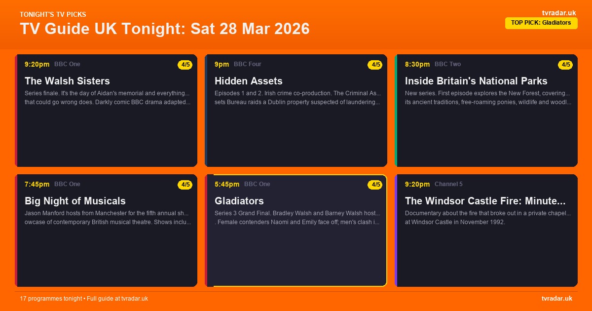 TV Guide UK Tonight: Sat 28 Mar 2026 – Gladiators Grand Final, The Walsh Sisters Finale & Big Night of Musicals