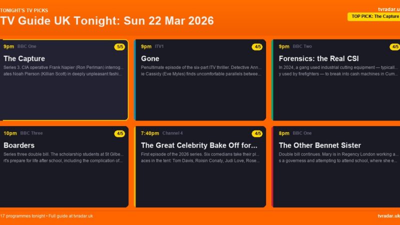 TV Guide UK Tonight: Sun 22 Mar 2026 – League Cup Final, The Capture & Gone