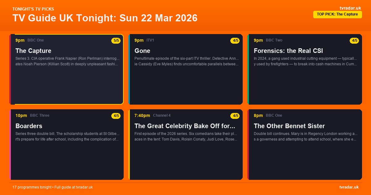 TV Guide UK Tonight: Sun 22 Mar 2026 – League Cup Final, The Capture & Gone