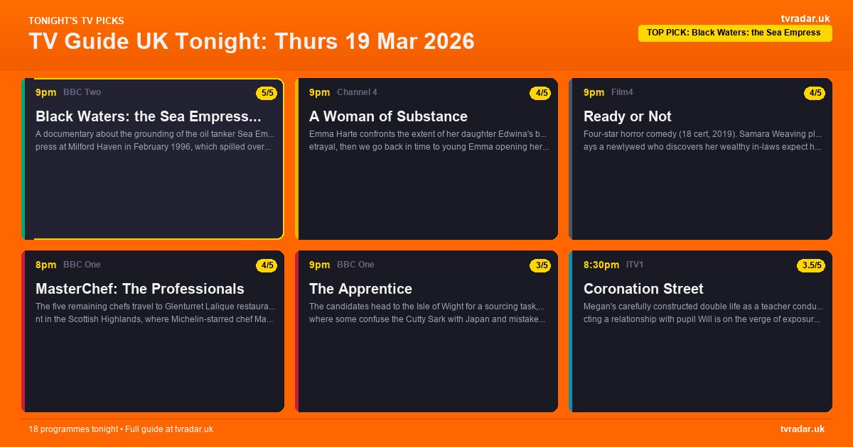 TV Guide UK Tonight: Thurs 19 Mar 2026 – Black Waters: Sea Empress Disaster, The Apprentice & A Woman of Substance