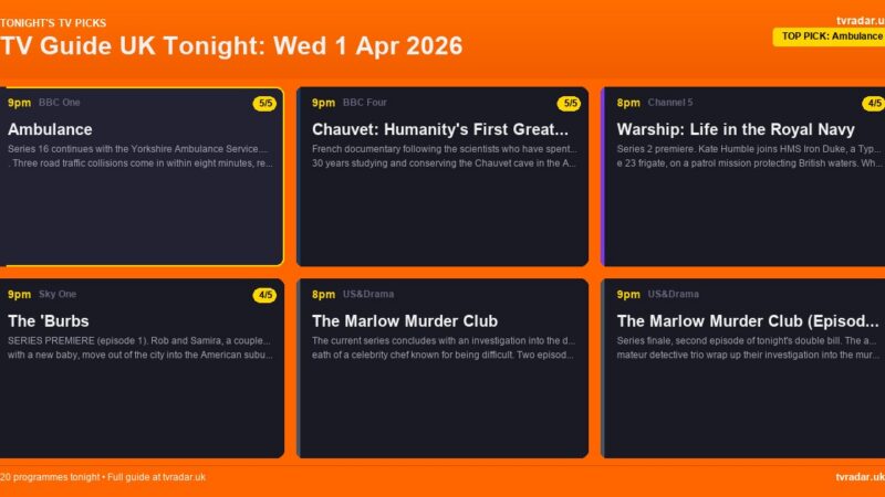 TV Guide UK Tonight: Wed 1 Apr 2026 – The ‘Burbs, Ambulance & A Woman of Substance