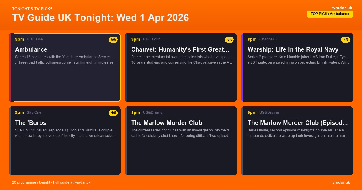 TV Guide UK Tonight: Wed 1 Apr 2026 – The ‘Burbs, Ambulance & A Woman of Substance