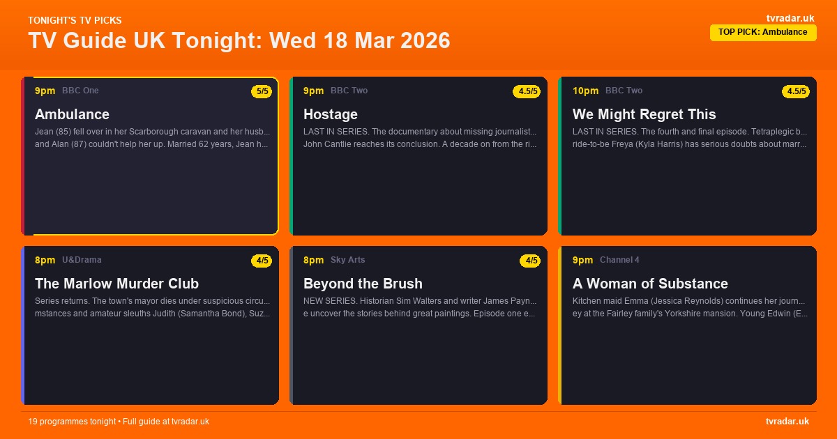 TV Guide UK Tonight: Wed 18 Mar 2026 – Ambulance, The Stolen Girl & The Marlow Murder Club