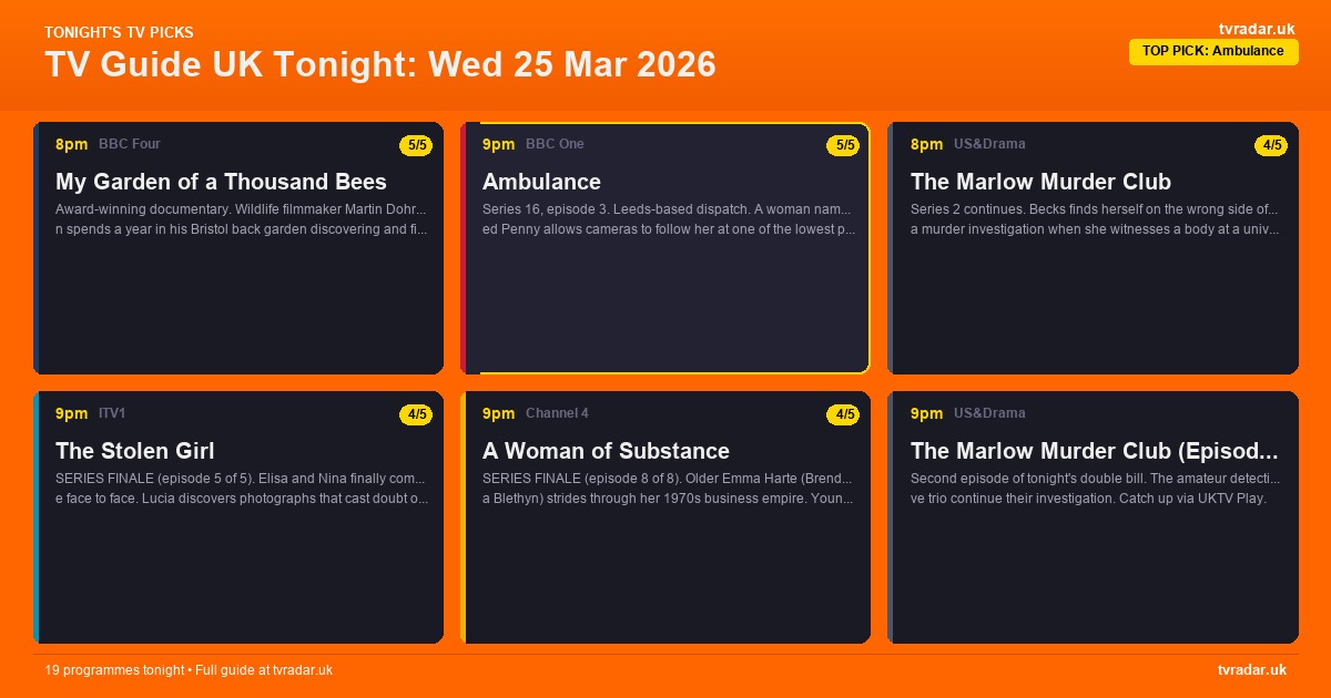 TV Guide UK Tonight: Wed 25 Mar 2026 – Ambulance, The Stolen Girl & A Woman of Substance