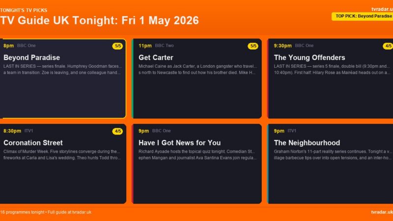 TV Guide UK Tonight: Fri 1 May 2026 – Beyond Paradise Finale, Corrie Murder Week & Breaking Dad