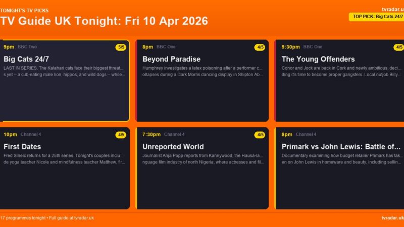 TV Guide UK Tonight: Fri 10 Apr 2026 – Big Cats 24/7 Finale, Beyond Paradise & First Dates