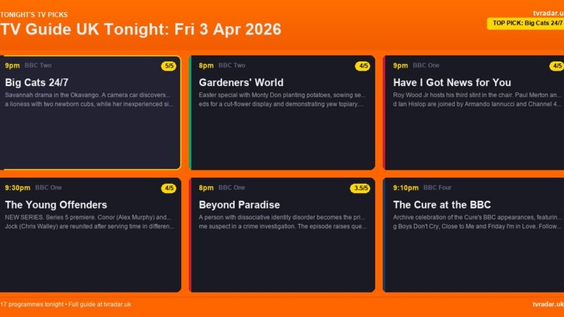 TV Guide UK Tonight: Fri 3 Apr 2026 – The Young Offenders, Have I Got News for You & Big Cats 24/7