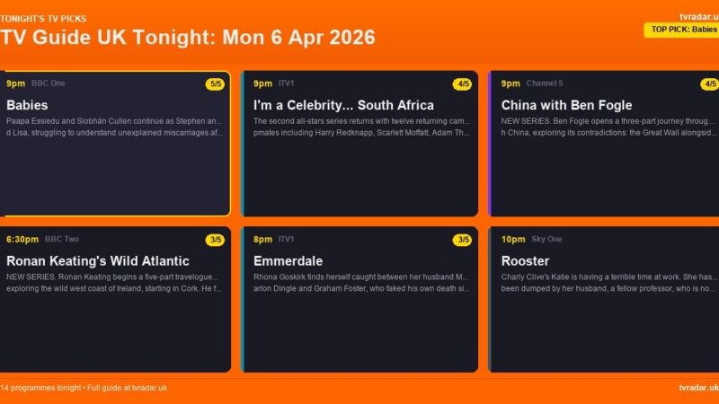 TV Guide UK Tonight: Mon 6 Apr 2026 – I'm a Celebrity South Africa, Babies & China with Ben Fogle