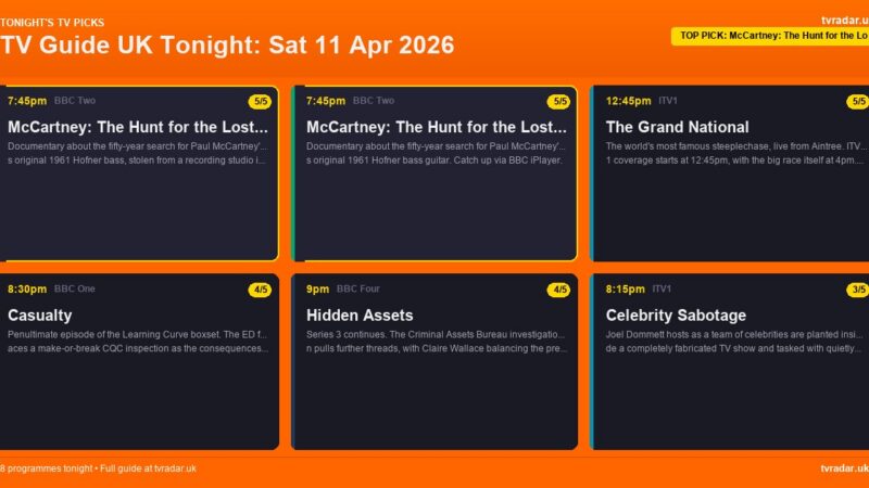TV Guide UK Tonight: Sat 11 Apr 2026 – Grand National, McCartney’s Lost Bass & Casualty