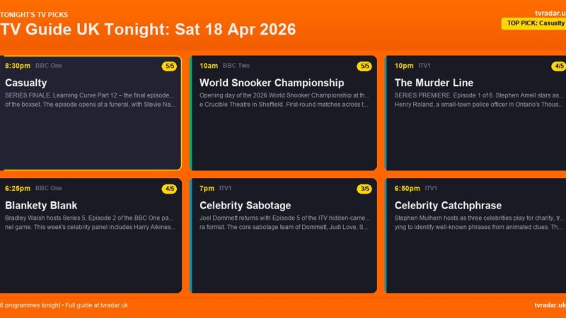 TV Guide UK Tonight: Sat 18 Apr 2026 – Casualty Finale, The Murder Line & World Snooker Championship