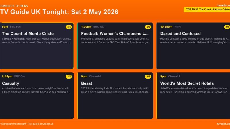 TV Guide UK Tonight: Sat 2 May 2026 – The Count of Monte Cristo, Women’s Champions League & Beast