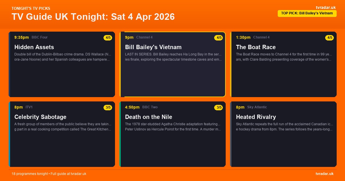 TV Guide UK Tonight: Sat 4 Apr 2026 – The Boat Race, Bill Bailey’s Vietnam & FA Cup