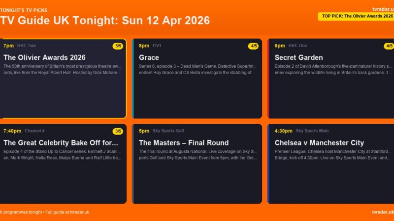 TV Guide UK Tonight: Sun 12 Apr 2026 – Olivier Awards, Grace & The Masters Final