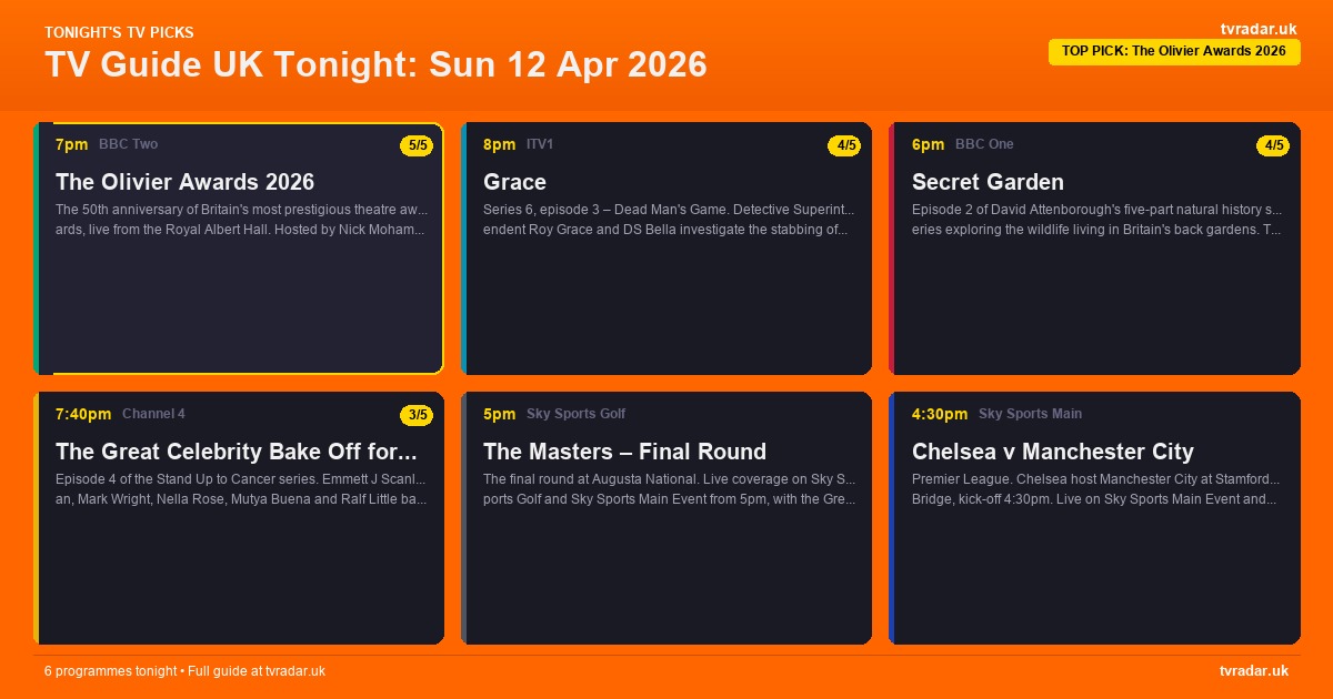 TV Guide UK Tonight: Sun 12 Apr 2026 – Olivier Awards, Grace & The Masters Final
