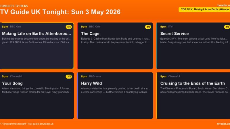 TV Guide UK Tonight: Sun 3 May 2026 – Attenborough’s Greatest Adventure, The Cage & Snooker World Final