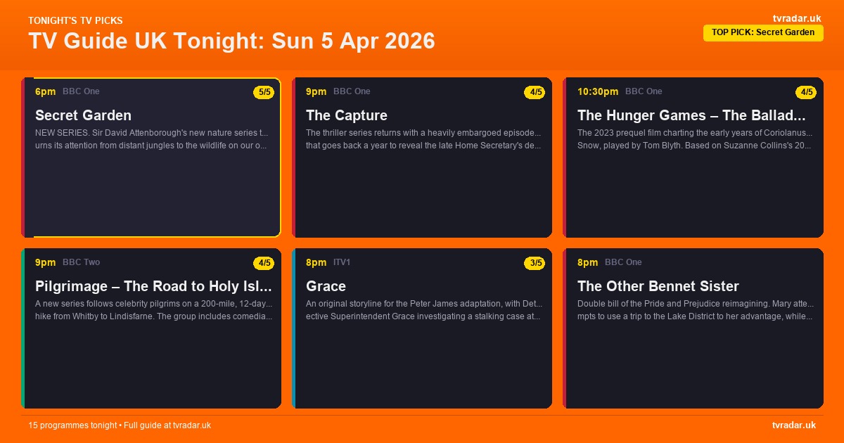 TV Guide UK Tonight: Sun 5 Apr 2026 – Secret Garden, The Capture & Grace