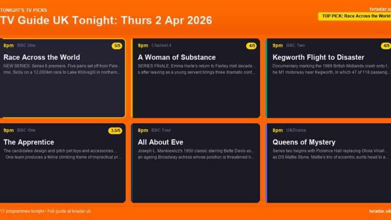TV Guide UK Tonight: Thurs 2 Apr 2026 – Race Across the World, A Woman of Substance Finale & The Apprentice