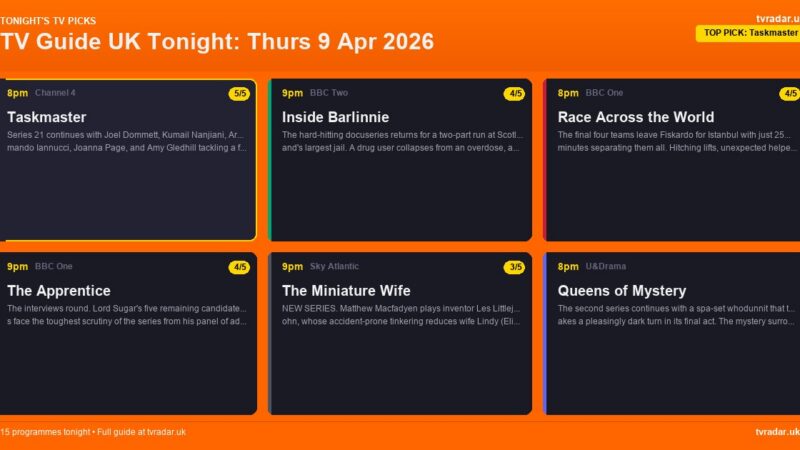 TV Guide UK Tonight: Thurs 9 Apr 2026 – Taskmaster Series 21, The Apprentice Interviews & The Miniature Wife