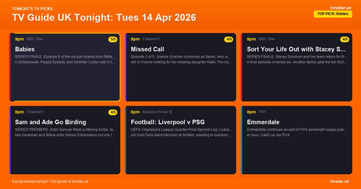 TV Guide UK Tonight: Tues 14 Apr 2026 – Sort Your Life Out Finale, Sam & Ade Go Birding & Missed Call