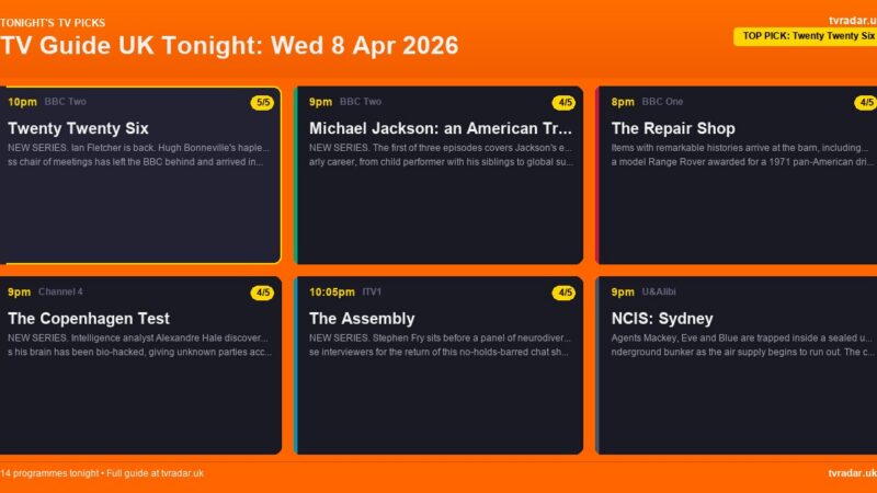 TV Guide UK Tonight: Wed 8 Apr 2026 – Twenty Twenty Six, The Copenhagen Test & Michael Jackson