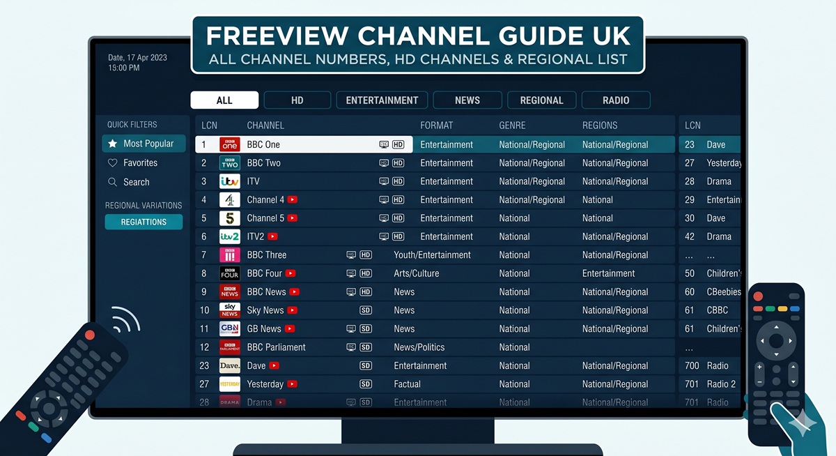 Freeview Channel Guide UK 2026 – All Channel Numbers, HD Channels & Regional List