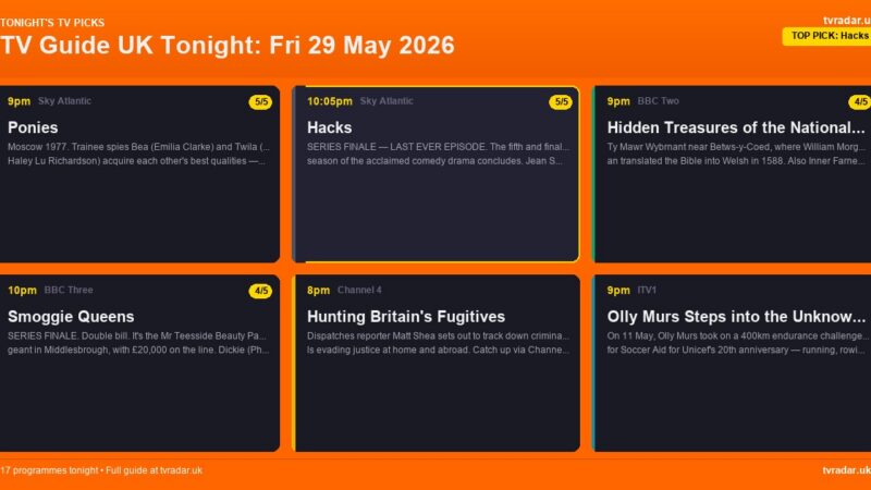 TV Guide UK Tonight: Fri 29 May 2026 – Hacks Series Finale, Ponies & Smoggie Queens Final