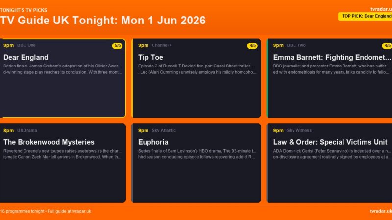 TV Guide UK Tonight: Mon 1 Jun 2026 – Dear England Series Finale, EastEnders Returns & Tip Toe Ep 2
