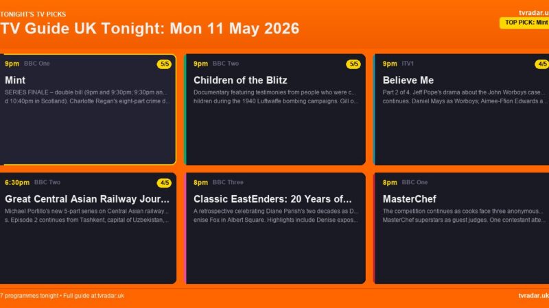 TV Guide UK Tonight: Mon 11 May 2026 – Mint Finale, Sisu & Believe Me