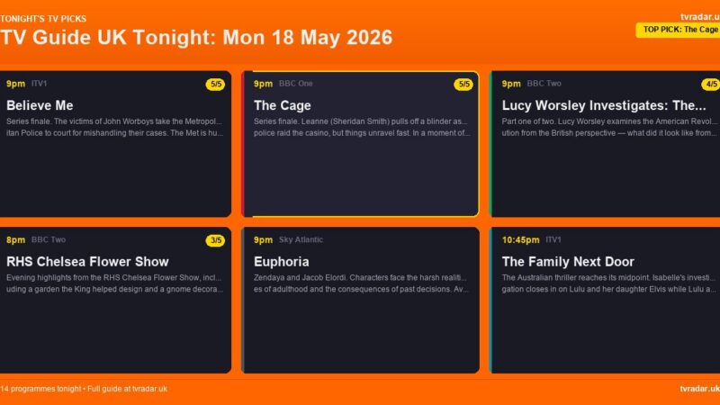 TV Guide UK Tonight: Mon 18 May 2026 – The Cage Finale, Believe Me Finale & Lucy Worsley