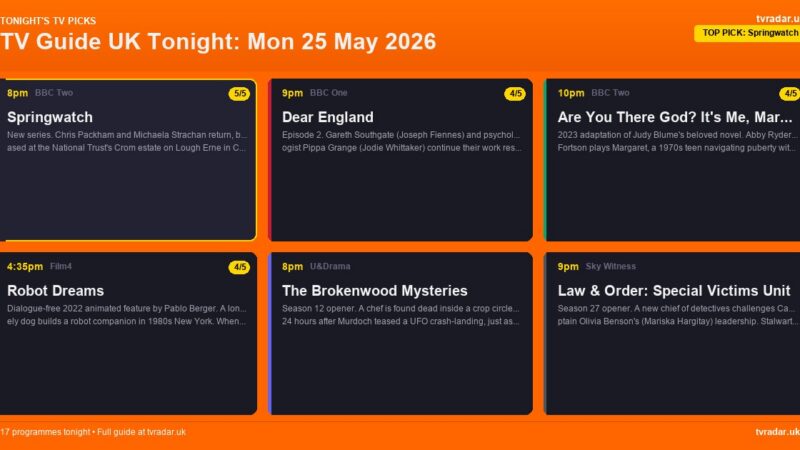 TV Guide UK Tonight: Mon 25 May 2026 – Springwatch, Dear England & Are You There God? It’s Me, Margaret