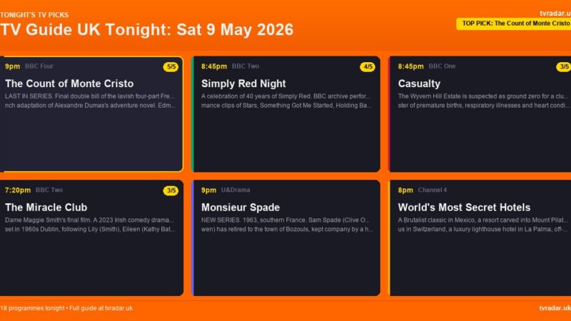 TV Guide UK Tonight: Sat 9 May 2026 – Monte Cristo Finale, Simply Red Night & The Miracle Club