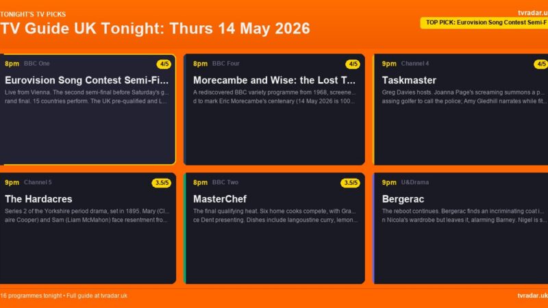 TV Guide UK Tonight: Thurs 14 May 2026 – Eurovision Semi-Final 2, The Hardacres & Taskmaster