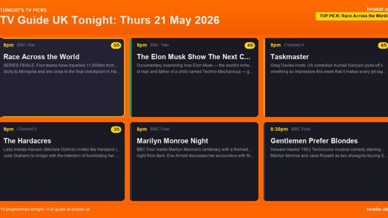 TV Guide UK Tonight: Thurs 21 May 2026 – Race Across the World Finale, Marilyn Monroe Night & Taskmaster