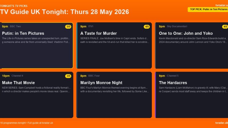 TV Guide UK Tonight: Thurs 28 May 2026 – Putin in Ten Pictures, One to One: John and Yoko & A Taste for Murder Finale