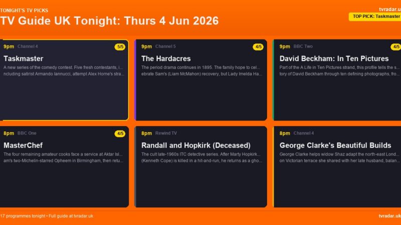 TV Guide UK Tonight: Thurs 4 Jun 2026 – Taskmaster, David Beckham: In Ten Pictures & The Hardacres