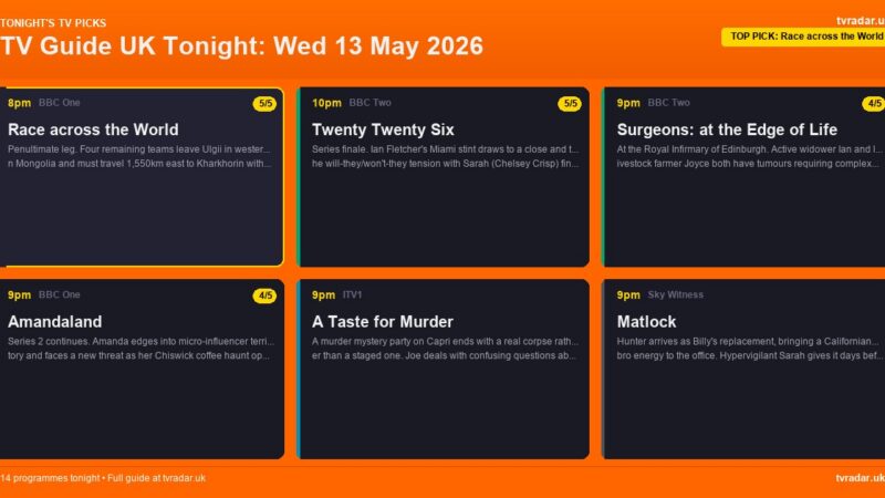 TV Guide UK Tonight: Wed 13 May 2026 – Race across the World, Twenty Twenty Six Finale & Amandaland
