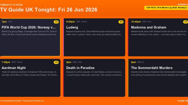 TV Guide UK Tonight: Fri 26 Jun 2026 – Norway v France, Madonna & Graham Norton & Aardman Night