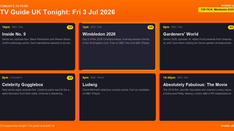 TV Guide UK Tonight: Fri 3 Jul 2026 – Wimbledon Day 5, Celebrity Gogglebox & World Cup R32
