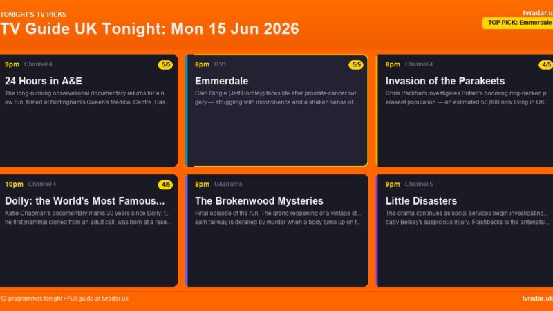 TV Guide UK Tonight: Mon 15 Jun 2026 – Emmerdale, Belgium v Egypt & 24 Hours in A&E