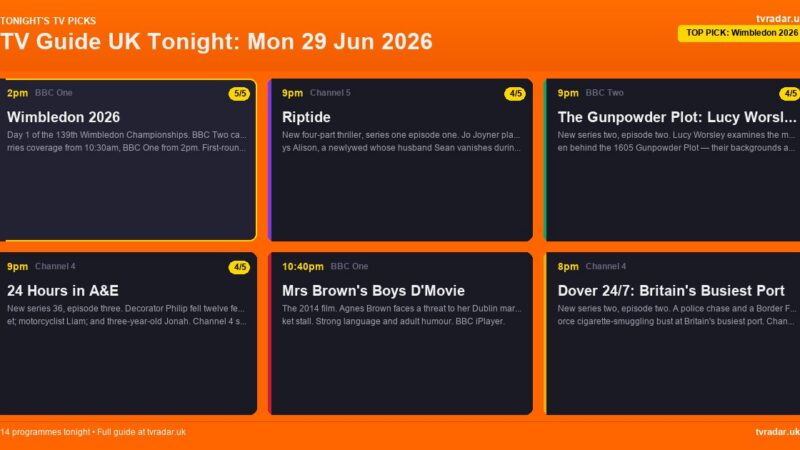 TV Guide UK Tonight: Mon 29 Jun 2026 – Wimbledon Day 1, Riptide & World Cup Round of 32