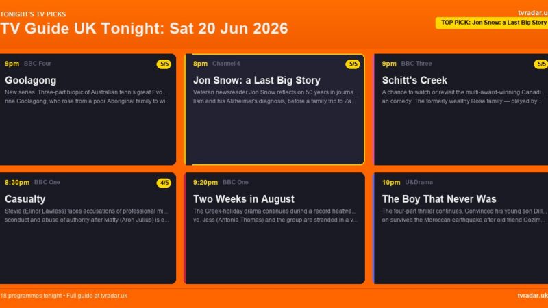 TV Guide UK Tonight: Sat 20 Jun 2026 – Jon Snow: a Last Big Story, Germany v Ivory Coast & Goolagong