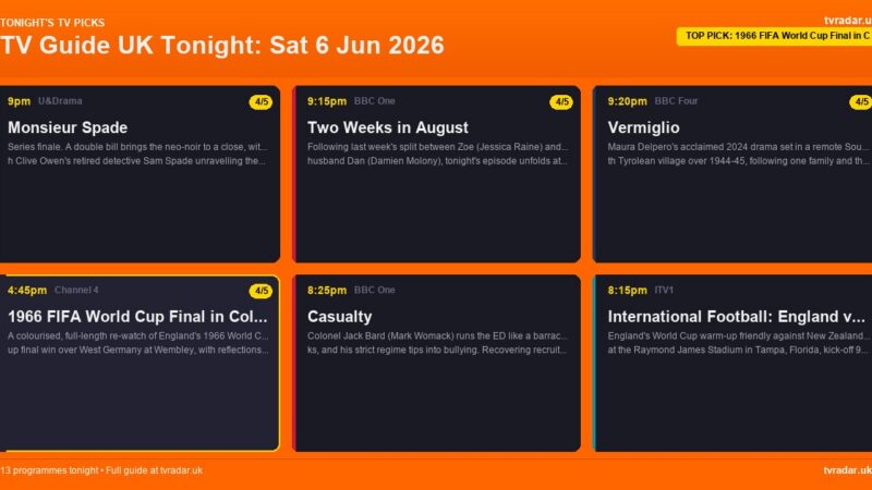 TV Guide UK Tonight: Sat 6 Jun 2026 – 1966 World Cup Final in Colour, England v New Zealand & Monsieur Spade Finale