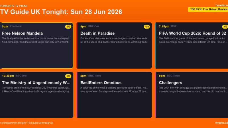 TV Guide UK Tonight: Sun 28 Jun 2026 – World Cup Round of 32, Death in Paradise & Free Nelson Mandela