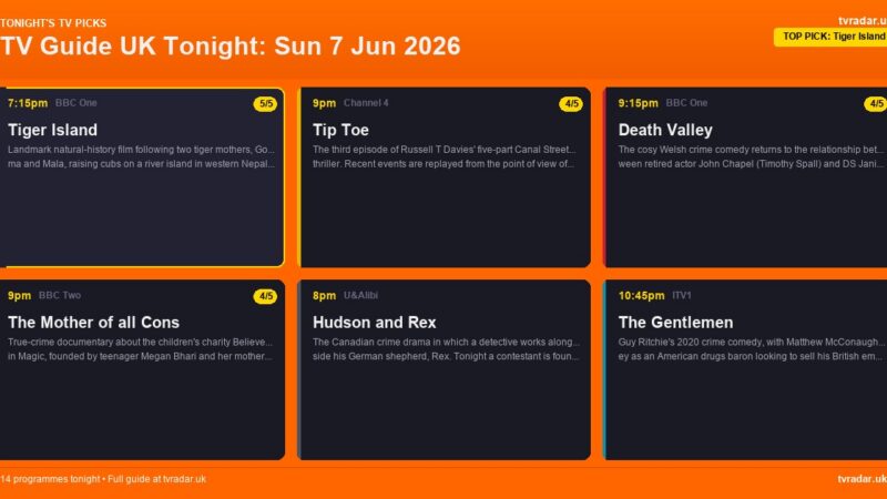 TV Guide UK Tonight: Sun 7 Jun 2026 – Tiger Island, Death Valley & The Mother of all Cons